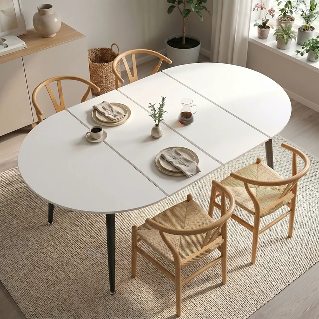 Alt view image 6 of 7 - Pull Table Dining Chair Set, Medium Density Fiberboard Tabletop with Black Metal Table Legs Extendable Pull Mid-Century