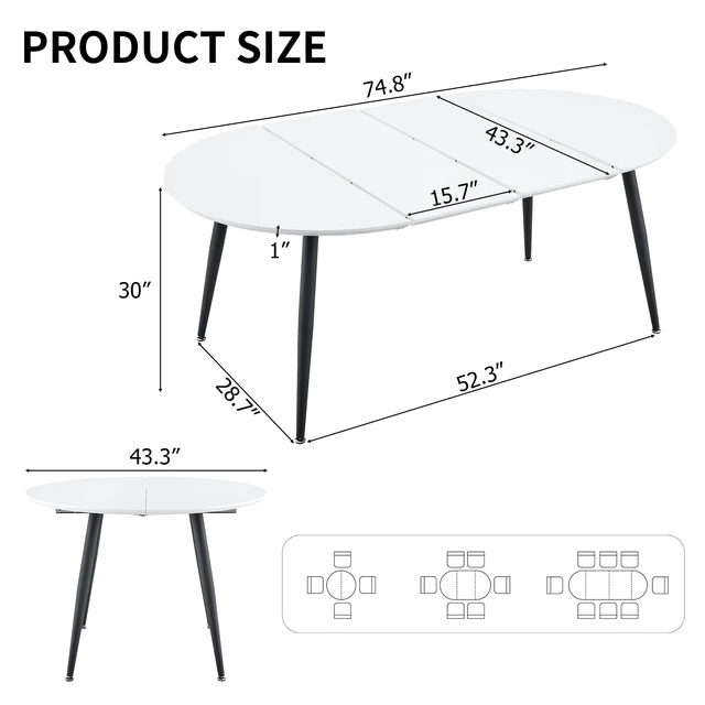 Alt view image 7 of 7 - Pull Table Dining Chair Set, Medium Density Fiberboard Tabletop with Black Metal Table Legs Extendable Pull Mid-Century