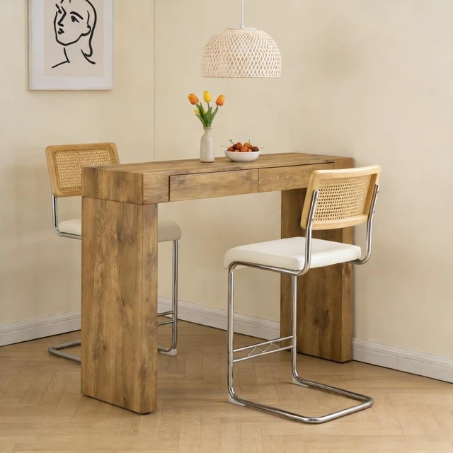 Main image of 2 Piece Set Leather Bar Chair Combination, Paired with Wood Grain Bar Table with Storage Function Suitable