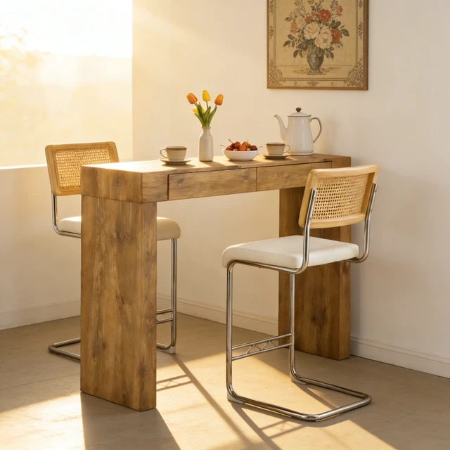 Alt view image 3 of 7 - 2 Piece Set Leather Bar Chair Combination, Paired with Wood Grain Bar Table with Storage Function Suitable