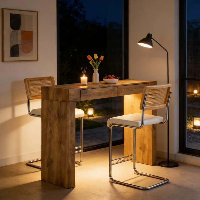 Alt view image 5 of 7 - 2 Piece Set Leather Bar Chair Combination, Paired with Wood Grain Bar Table with Storage Function Suitable