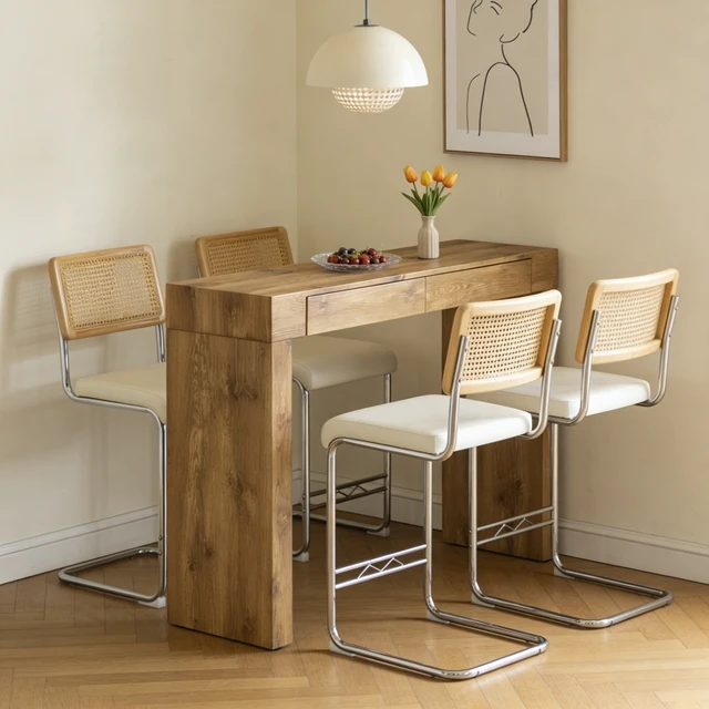 Alt view image 2 of 7 - 4 Piece Set Leather Bar Chair Combination, Paired with Wood Grain Bar Table with Storage Function Suitable