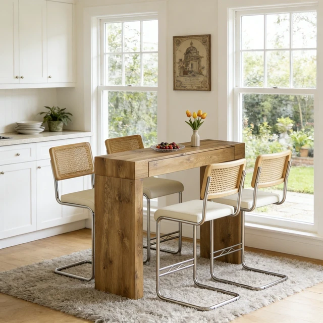 Alt view image 3 of 7 - 4 Piece Set Leather Bar Chair Combination, Paired with Wood Grain Bar Table with Storage Function Suitable