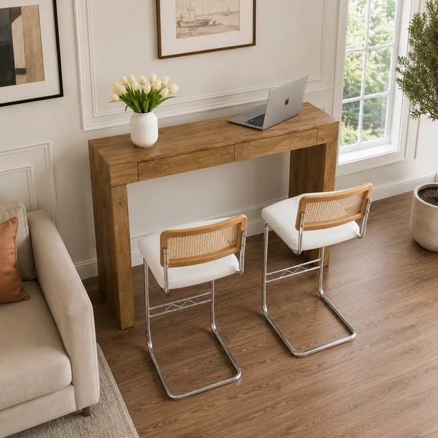Alt view image 6 of 7 - 2 Piece Set Leather Bar Chair Combination, Paired with Wood Grain Bar Table with Storage Function Suitable