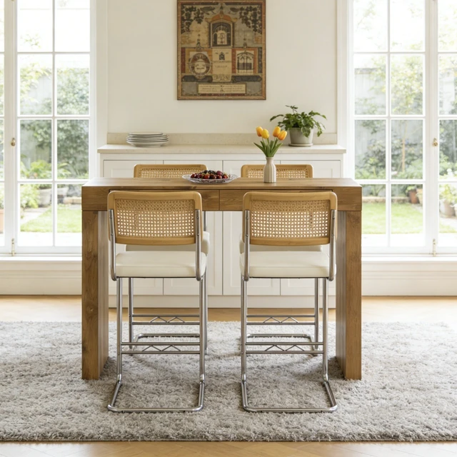 Alt view image 6 of 7 - 4 Piece Set Leather Bar Chair Combination, Paired with Wood Grain Bar Table with Storage Function Suitable