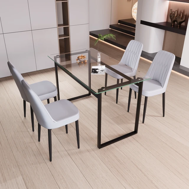 Alt view image 3 of 7 - Person Glass Dining Table Set, Kitchen Set with Black Metal Leg Dining Table and Chairs Rectangular Tempered Glass
