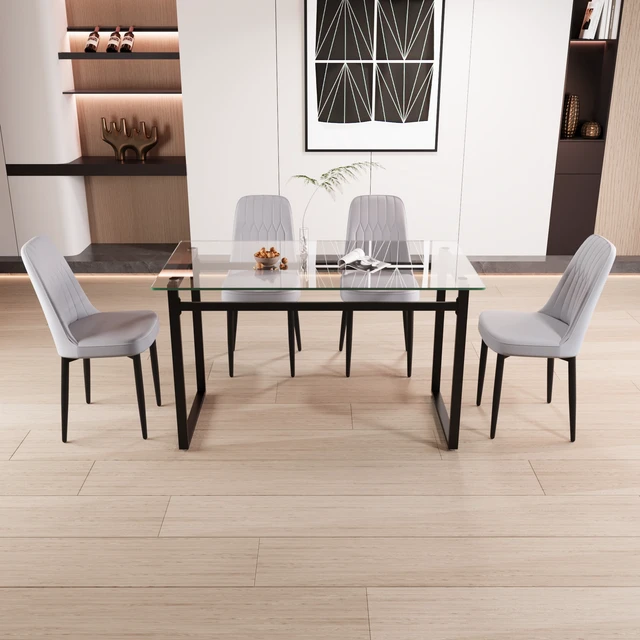 Alt view image 2 of 7 - Person Glass Dining Table Set, Kitchen Set with Black Metal Leg Dining Table and Chairs Rectangular Tempered Glass