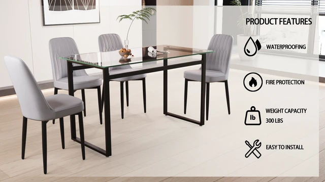 Alt view image 6 of 7 - Person Glass Dining Table Set, Kitchen Set with Black Metal Leg Dining Table and Chairs Rectangular Tempered Glass