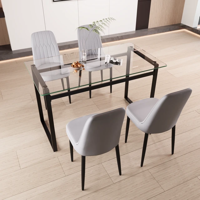 Alt view image 4 of 7 - Person Glass Dining Table Set, Kitchen Set with Black Metal Leg Dining Table and Chairs Rectangular Tempered Glass