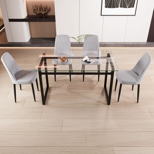 Main image of Person Glass Dining Table Set, Kitchen Set with Black Metal Leg Dining Table and Chairs Rectangular Tempered Glass