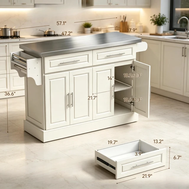 Alt view image 3 of 7 - Multifunctional Cooking Prep Island, Spacious Kitchen Cart with Storage Drawers and Cabinet Portable Kitchen Island