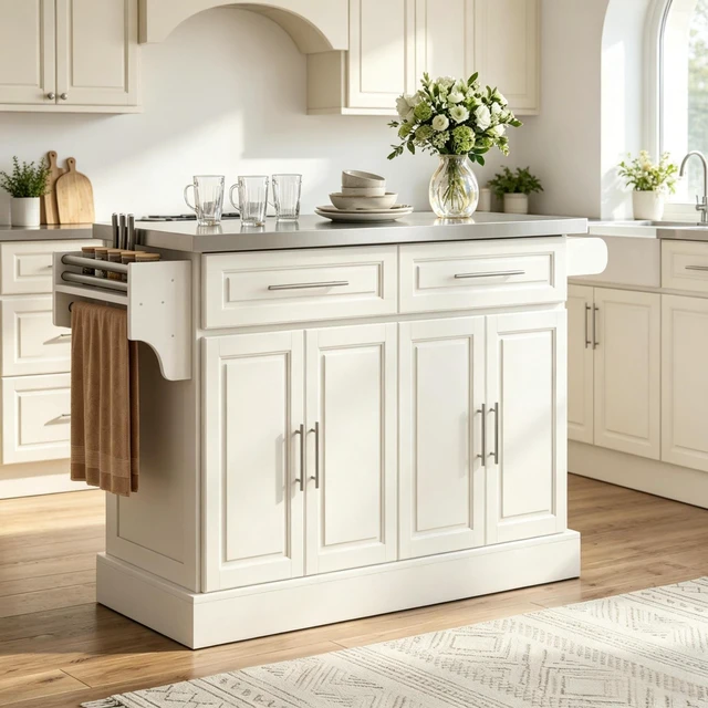 Alt view image 5 of 7 - Multifunctional Cooking Prep Island, Spacious Kitchen Cart with Storage Drawers and Cabinet Portable Kitchen Island