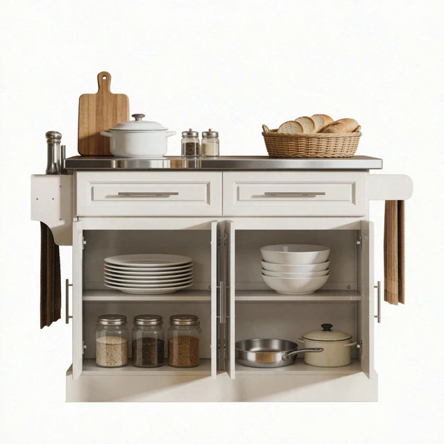 Alt view image 6 of 7 - Multifunctional Cooking Prep Island, Spacious Kitchen Cart with Storage Drawers and Cabinet Portable Kitchen Island