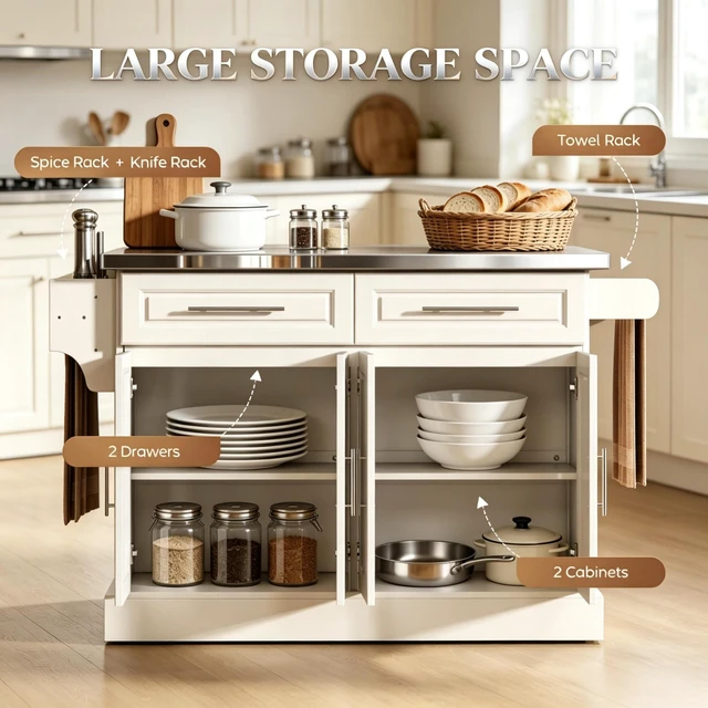 Alt view image 7 of 7 - Multifunctional Cooking Prep Island, Spacious Kitchen Cart with Storage Drawers and Cabinet Portable Kitchen Island