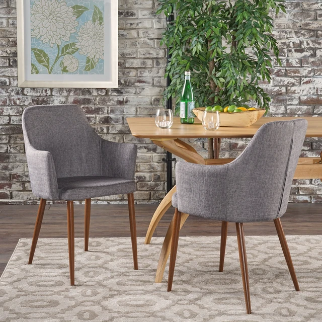 Alt view image 4 of 7 - Mid Century Fabric Upholstered Dining Chairs Armchairs, Set, Light Grey, Seating for Dining