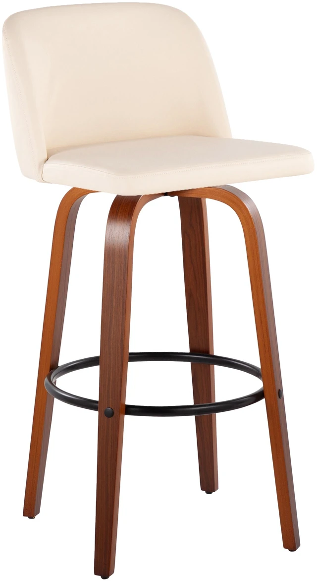 Alt view image 2 of 5 - 30 Inch Mid Century Fixed Height Barstool with Swivel in and Faux Leather with Round Black Metal Footrest Set, Cream
