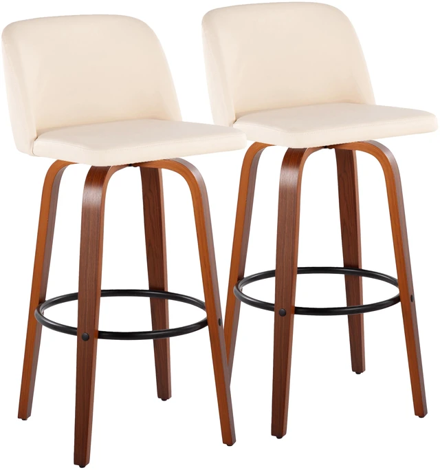 Main image of 30 Inch Mid Century Fixed Height Barstool with Swivel in and Faux Leather with Round Black Metal Footrest Set, Cream