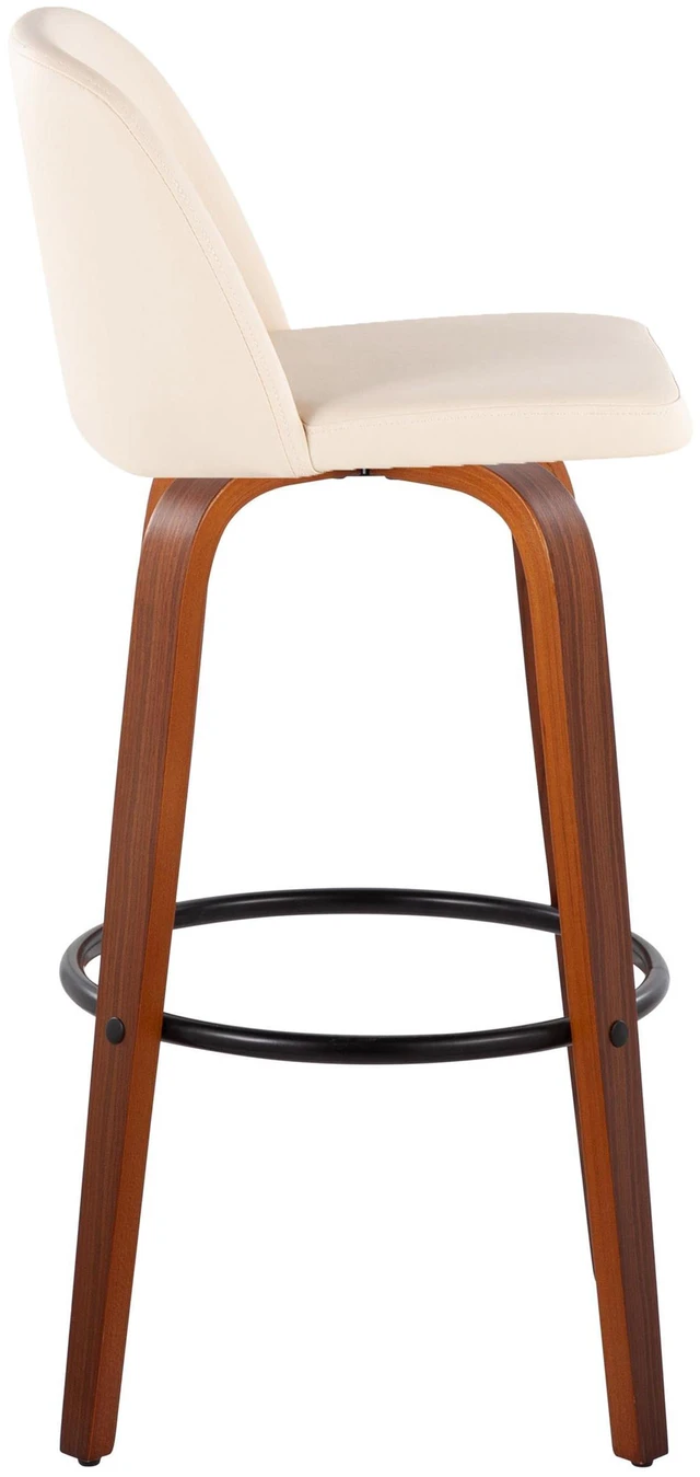Alt view image 3 of 5 - 30 Inch Mid Century Fixed Height Barstool with Swivel in and Faux Leather with Round Black Metal Footrest Set, Cream