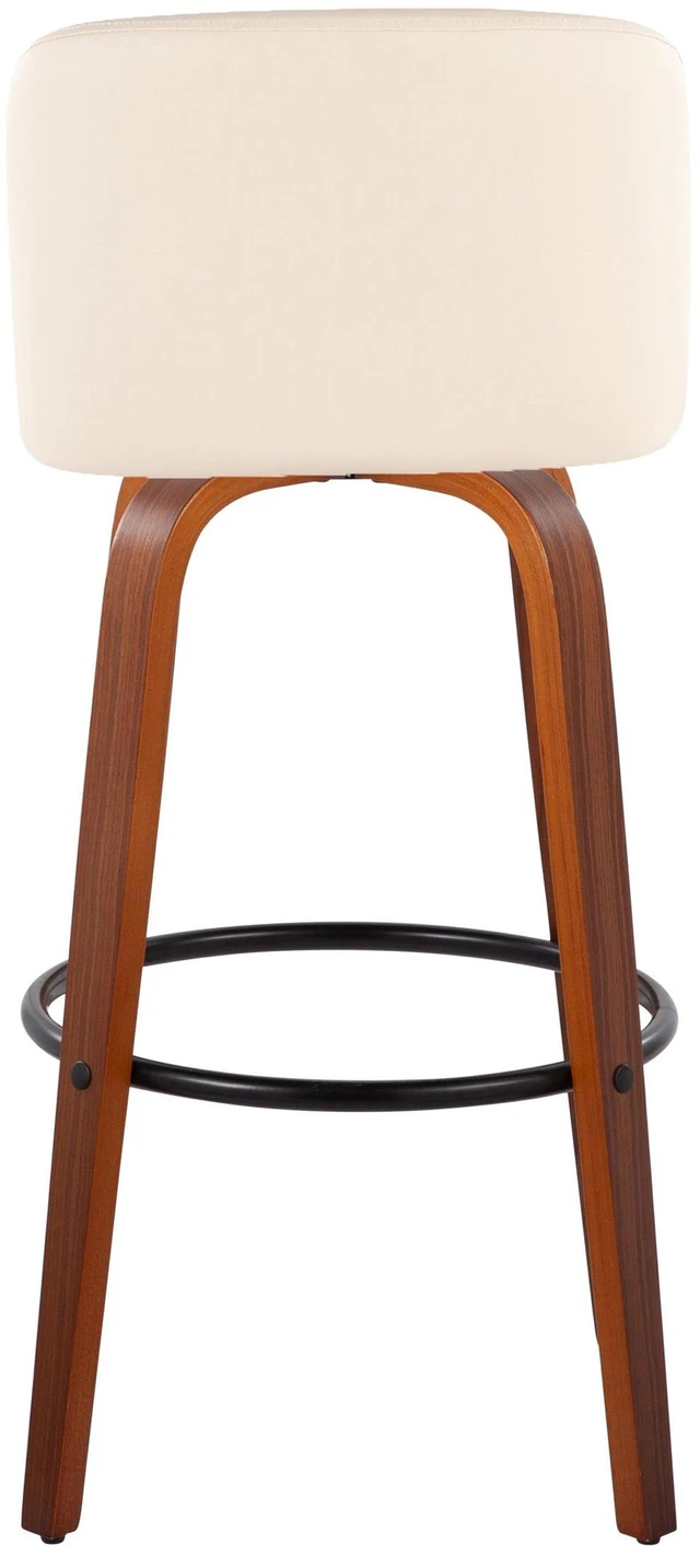 Alt view image 5 of 5 - 30 Inch Mid Century Fixed Height Barstool with Swivel in and Faux Leather with Round Black Metal Footrest Set, Cream