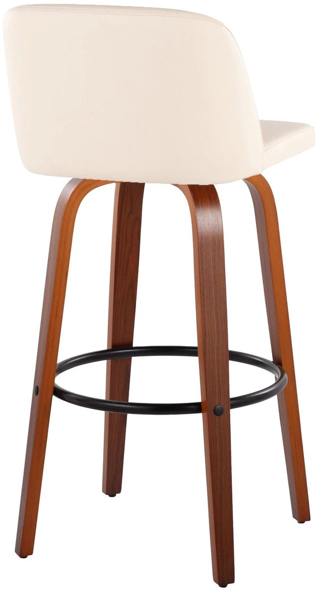 Alt view image 4 of 5 - 30 Inch Mid Century Fixed Height Barstool with Swivel in and Faux Leather with Round Black Metal Footrest Set, Cream