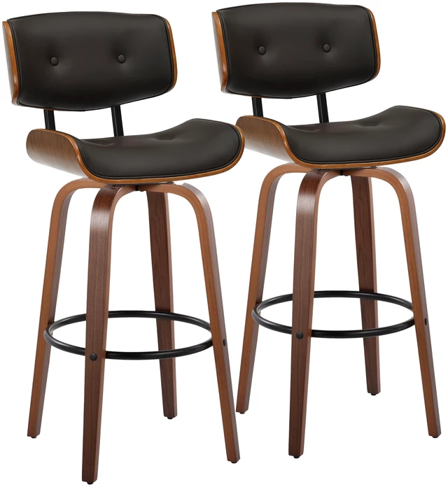 Main image of Fixed Height Barstool with Swivel in and Faux Leather with Round Black Metal Footrest Set, Walnut Black, Wood
