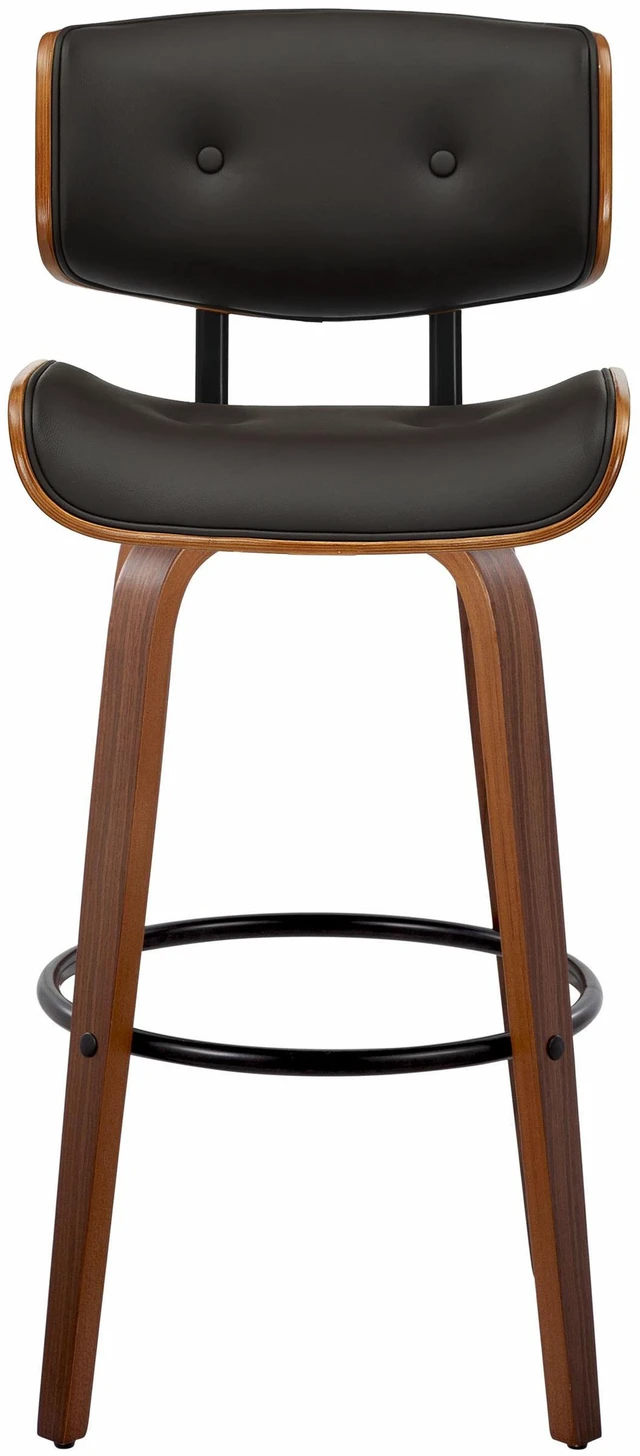 Alt view image 3 of 7 - Fixed Height Barstool with Swivel in and Faux Leather with Round Black Metal Footrest Set, Walnut Black, Wood