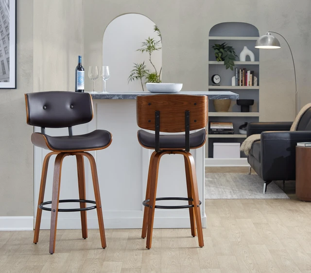 Alt view image 5 of 7 - Fixed Height Barstool with Swivel in and Faux Leather with Round Black Metal Footrest Set, Walnut Black, Wood