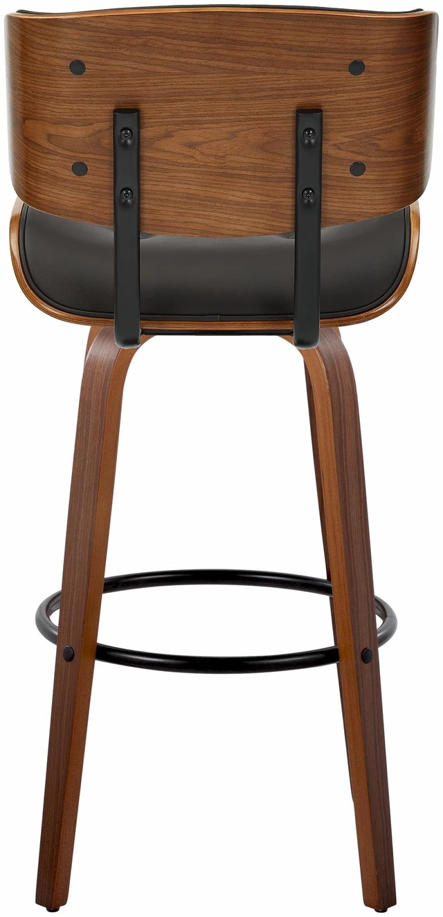 Alt view image 2 of 7 - Fixed Height Barstool with Swivel in and Faux Leather with Round Black Metal Footrest Set, Walnut Black, Wood