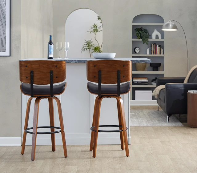 Alt view image 4 of 7 - Fixed Height Barstool with Swivel in and Faux Leather with Round Black Metal Footrest Set, Walnut Black, Wood