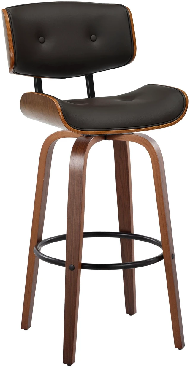 Alt view image 7 of 7 - Fixed Height Barstool with Swivel in and Faux Leather with Round Black Metal Footrest Set, Walnut Black, Wood