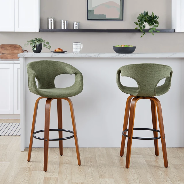 Main image of 30 Inch Mid Century Fixed Height Barstool with Swivel in and Green Fabric with Round Black Metal Footrest Set, Seating