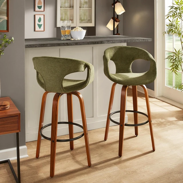 Alt view image 3 of 7 - 30 Inch Mid Century Fixed Height Barstool with Swivel in and Green Fabric with Round Black Metal Footrest Set, Seating