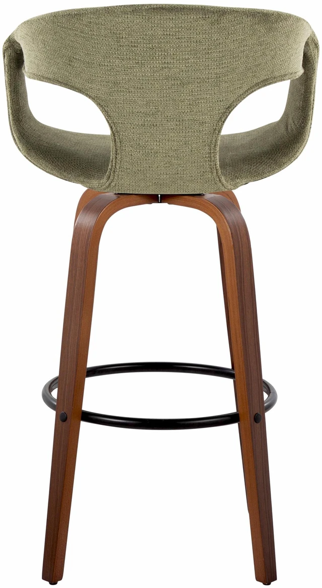 Alt view image 7 of 7 - 30 Inch Mid Century Fixed Height Barstool with Swivel in and Green Fabric with Round Black Metal Footrest Set, Seating