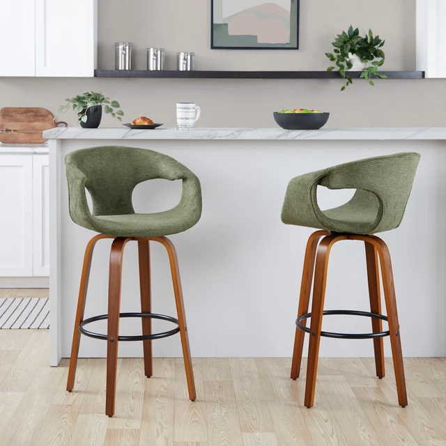 Alt view image 2 of 7 - 30 Inch Mid Century Fixed Height Barstool with Swivel in and Green Fabric with Round Black Metal Footrest Set, Seating