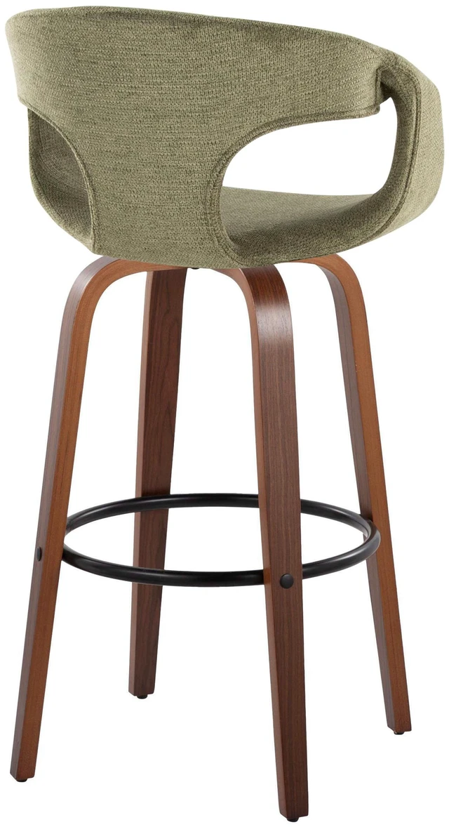 Alt view image 6 of 7 - 30 Inch Mid Century Fixed Height Barstool with Swivel in and Green Fabric with Round Black Metal Footrest Set, Seating