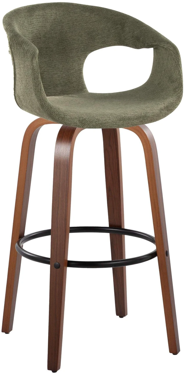 Alt view image 5 of 7 - 30 Inch Mid Century Fixed Height Barstool with Swivel in and Green Fabric with Round Black Metal Footrest Set, Seating