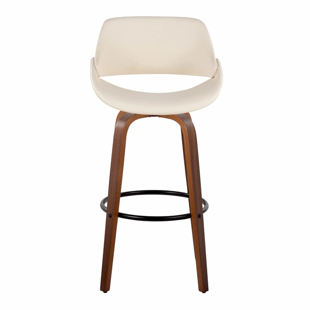 Alt view image 6 of 7 - 30 Inch Mid Century Fixed Height Barstool with Swivel in and Faux Leather with Round Black Metal Footrest Set, Cream