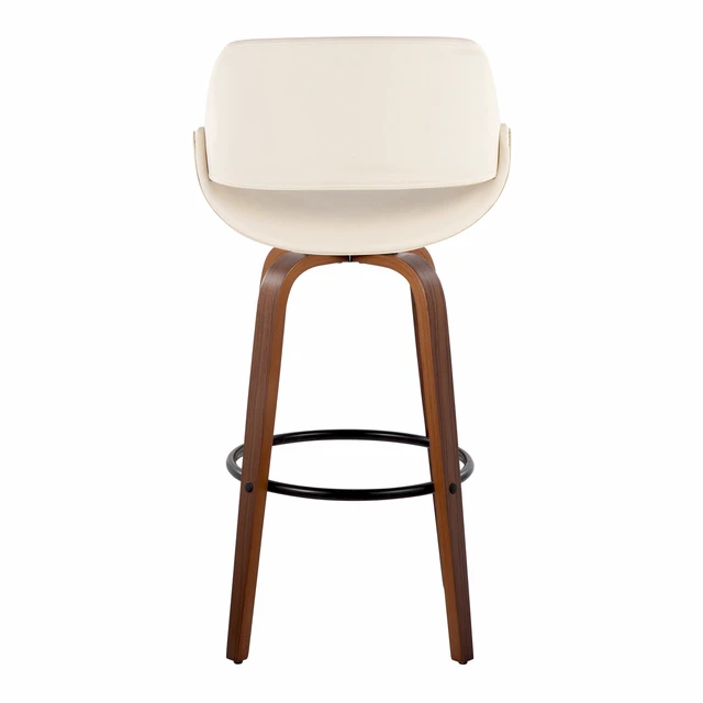 Alt view image 7 of 7 - 30 Inch Mid Century Fixed Height Barstool with Swivel in and Faux Leather with Round Black Metal Footrest Set, Cream