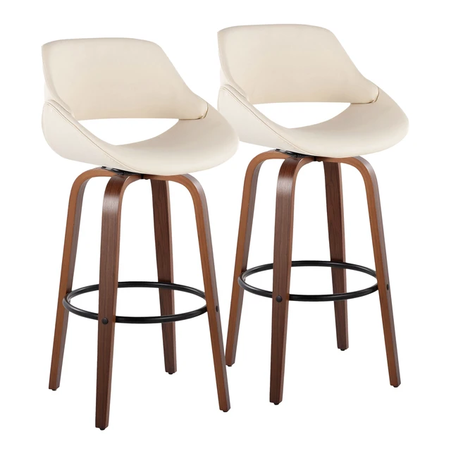 Alt view image 3 of 7 - 30 Inch Mid Century Fixed Height Barstool with Swivel in and Faux Leather with Round Black Metal Footrest Set, Cream