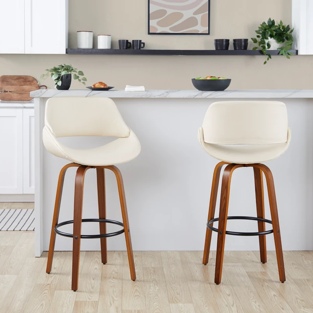 Alt view image 2 of 7 - 30 Inch Mid Century Fixed Height Barstool with Swivel in and Faux Leather with Round Black Metal Footrest Set, Cream