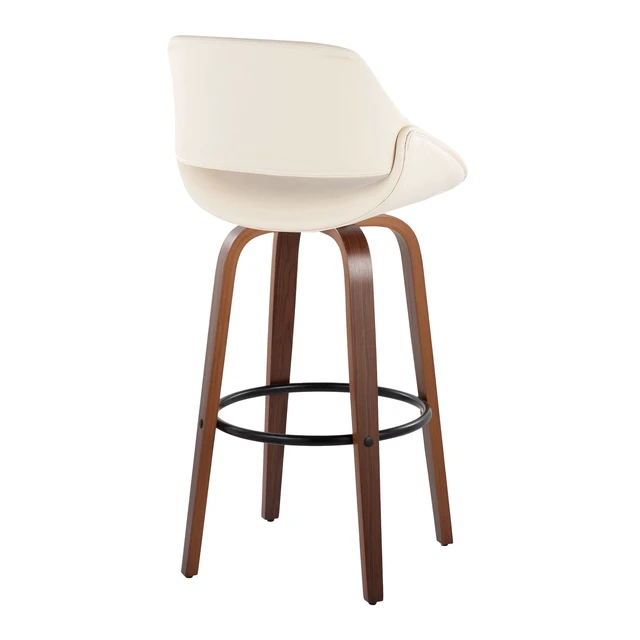 Alt view image 5 of 7 - 30 Inch Mid Century Fixed Height Barstool with Swivel in and Faux Leather with Round Black Metal Footrest Set, Cream