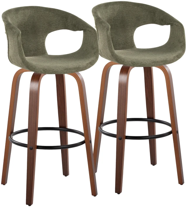 Alt view image 4 of 7 - 30 Inch Mid Century Fixed Height Barstool with Swivel in and Green Fabric with Round Black Metal Footrest Set, Seating