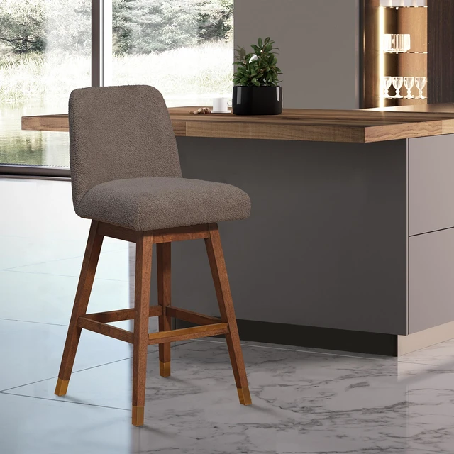 Main image of Amelia Swivel Bar Stool in Wood Finish with Boucle Fabric, Brown, Seating for Dining