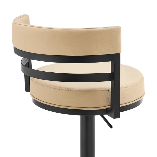 Alt view image 2 of 7 - Swivel Black Metal Adjustable Height Barstool with Faux Leather Seat, Beige, Seating for Dining