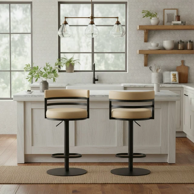 Alt view image 3 of 7 - Swivel Black Metal Adjustable Height Barstool with Faux Leather Seat, Beige, Seating for Dining