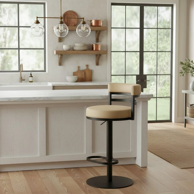 Main image of Swivel Black Metal Adjustable Height Barstool with Faux Leather Seat, Beige, Seating for Dining