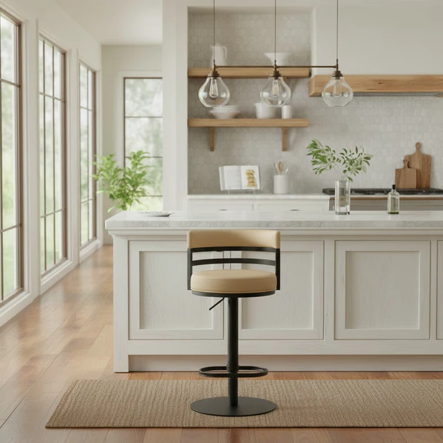 Alt view image 6 of 7 - Swivel Black Metal Adjustable Height Barstool with Faux Leather Seat, Beige, Seating for Dining