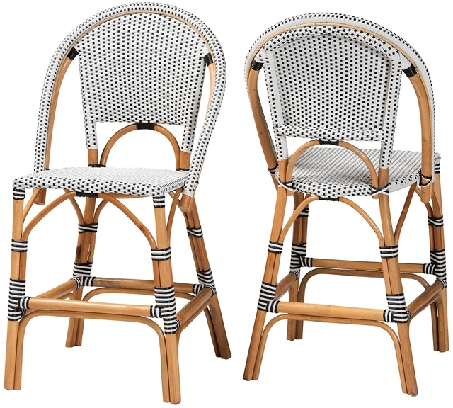 Main image of French Two Tone and Weaving and Rattan 2 Piece Counter Stool Set, Black White, Seating for Dining
