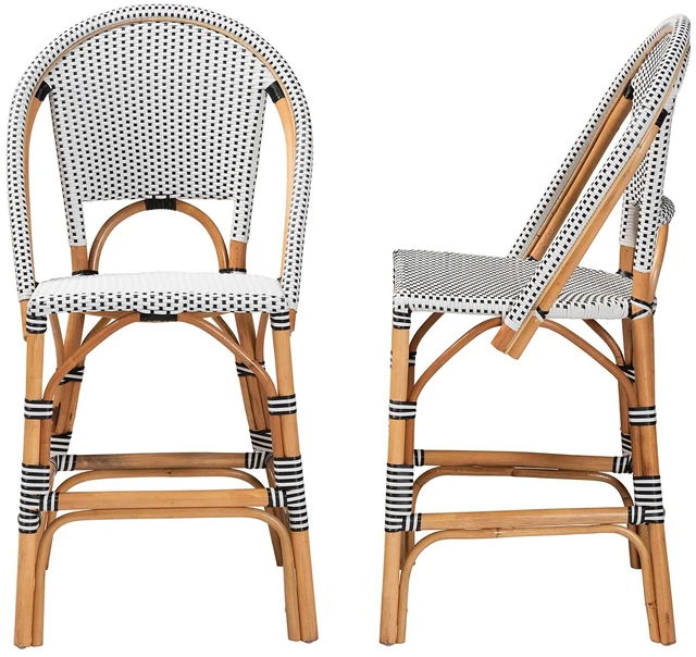 Alt view image 3 of 7 - French Two Tone and Weaving and Rattan 2 Piece Counter Stool Set, Black White, Seating for Dining