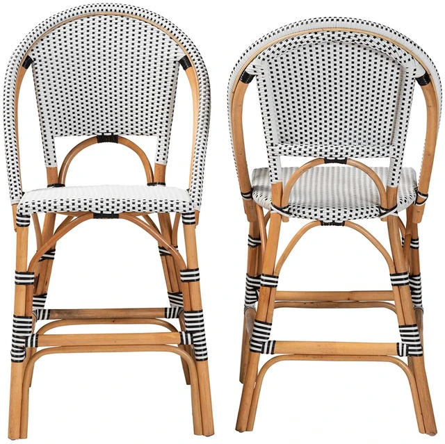 Alt view image 2 of 7 - French Two Tone and Weaving and Rattan 2 Piece Counter Stool Set, Black White, Seating for Dining